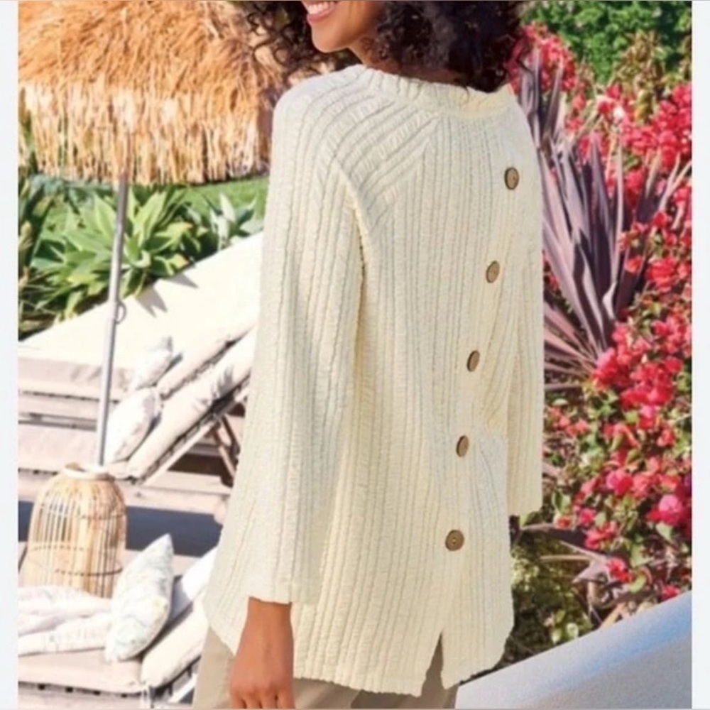 Soft Surroundings Cream White Goldie Textured Tunic Button Back Knit Top
